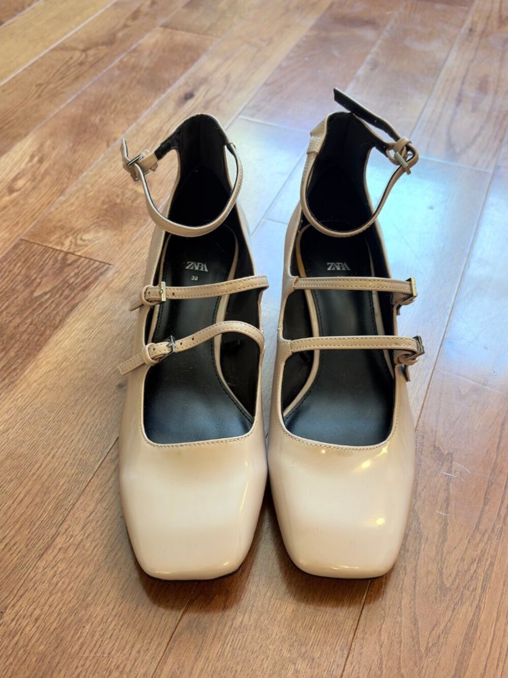 Zara Cream Patent Triple Strap Mary Jane Block Heels Size 38